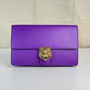 Gucci Purple Animalier Flap Clutch Leather